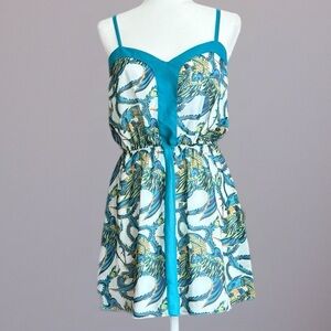 bebe Into the Wild Y2K Teal Bird Print Mini Dress Spaghetti Straps Party Resort